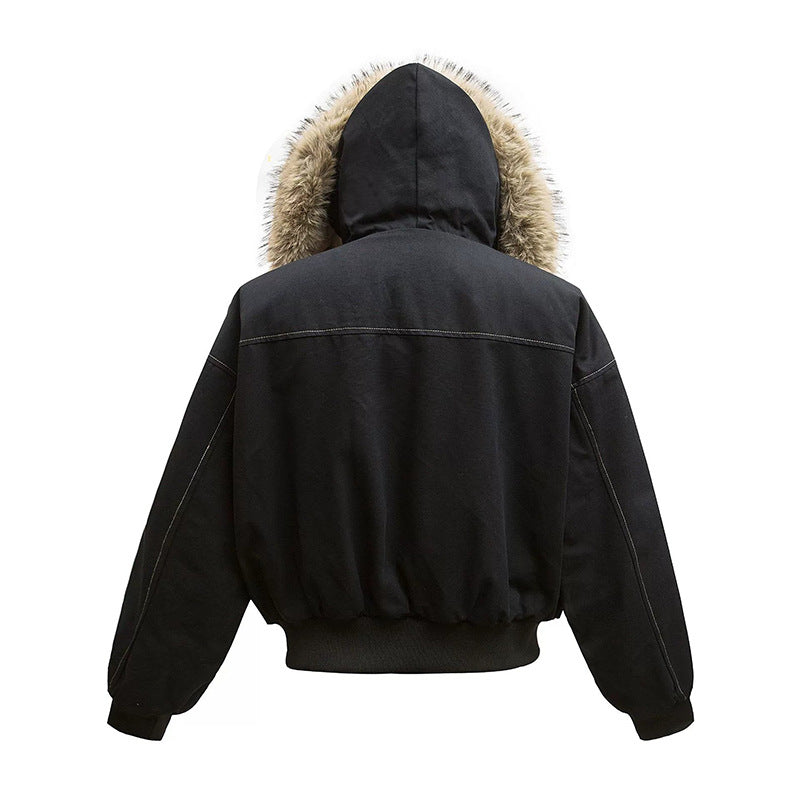 American Retro Autumn Winter Trendy Metal Buckle Design Men's Thickened Warm Hooded Cotton Jacket Long Sleeve