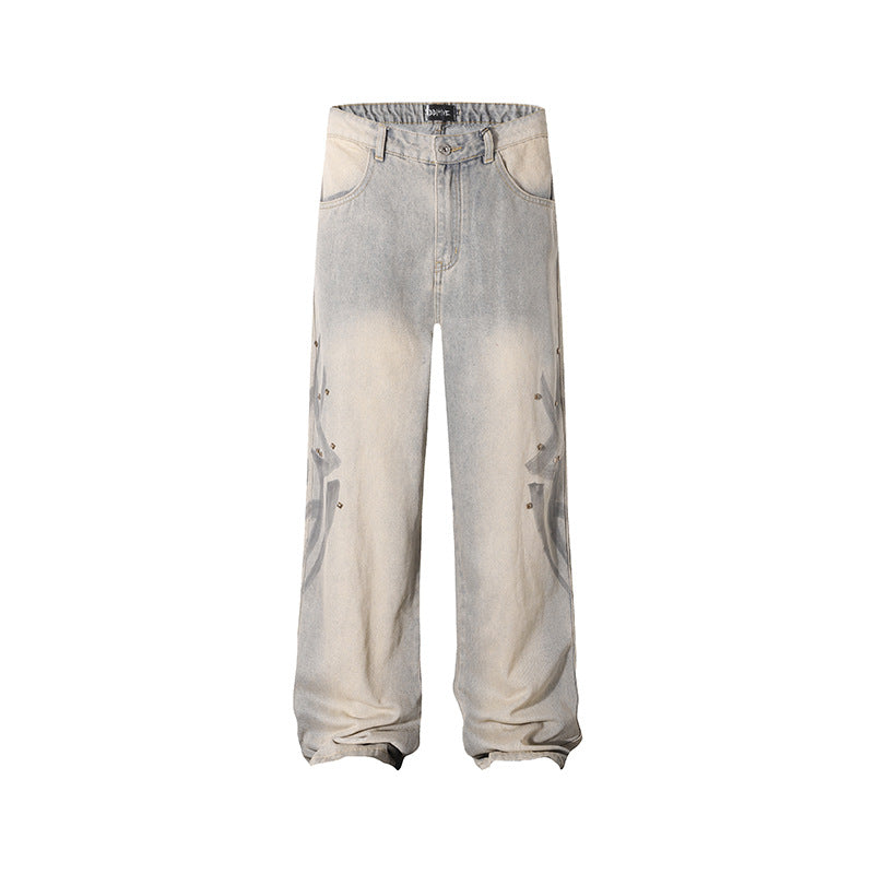 American-style Tie-dye Washed Vintage Loose Cargo Pants for Men Street Hip-Hop Jogger Jeans Trendy Designer Style