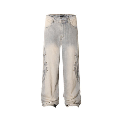 American-style Tie-dye Washed Vintage Loose Cargo Pants for Men Street Hip-Hop Jogger Jeans Trendy Designer Style
