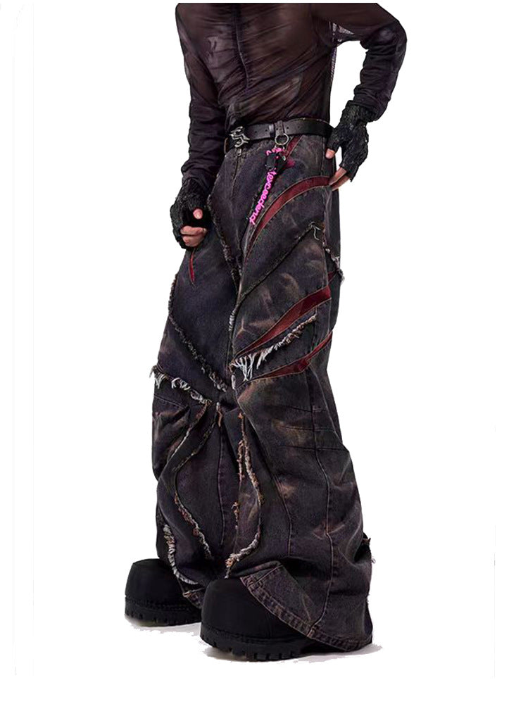 European and American High Street Heavy Craft Snowflake Scimitar Jeans for Men Spring Frayed Edge Patchwork Mesh Wide-Leg Pants