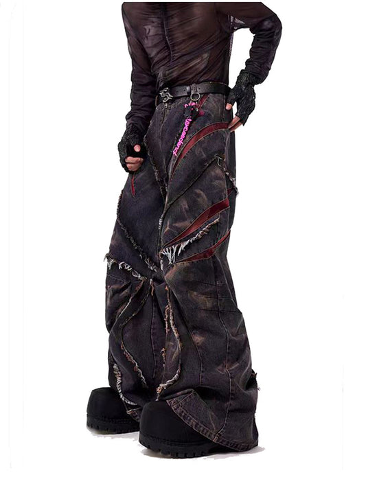 European and American High Street Heavy Craft Snowflake Scimitar Jeans for Men Spring Frayed Edge Patchwork Mesh Wide-Leg Pants