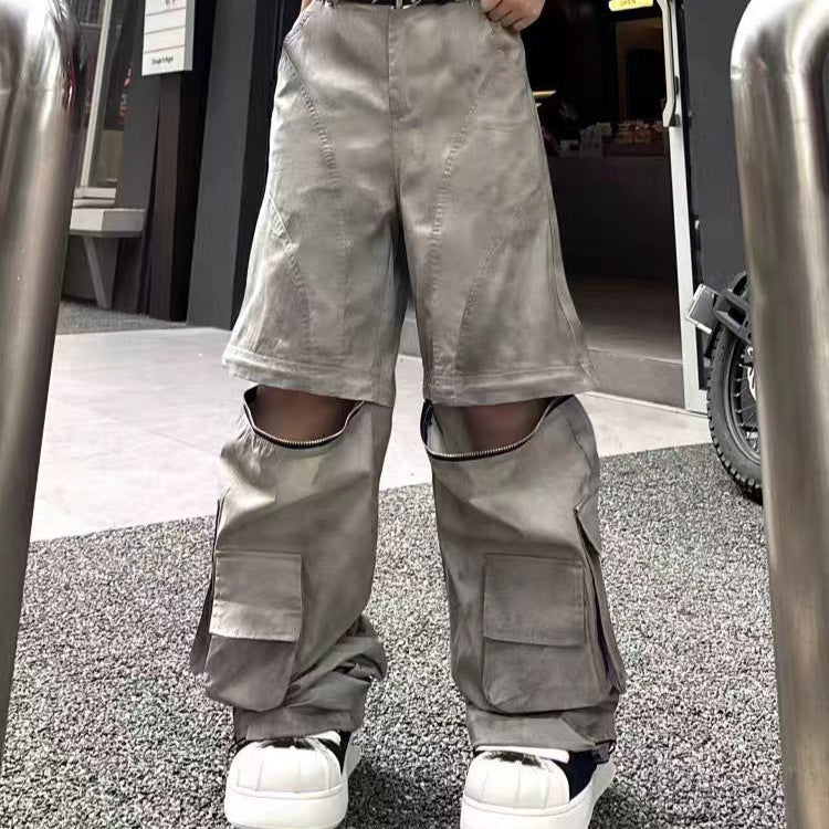 European and American Style Long Design Sense Wasteland Vintage Dirty Dyed Cargo Pants for Men and Women with Detachable Multi-Pocket Zipper Hip-Hop Street Dance