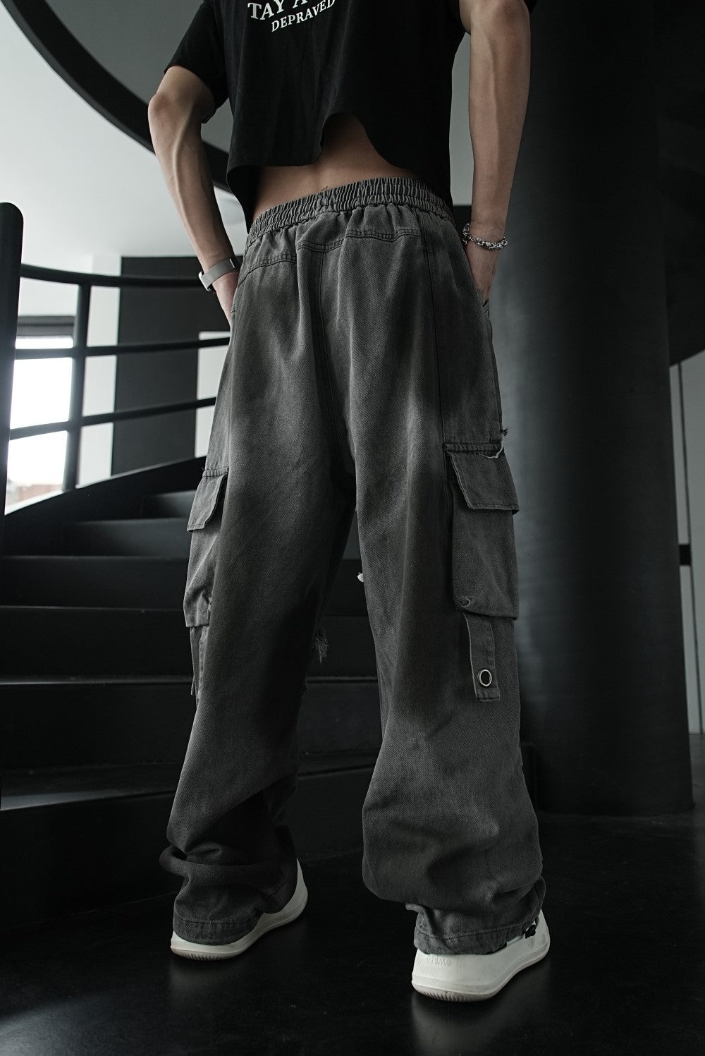 European and American High Street Heavy Wash Vintage Jeans for Men and Women Multi-Pocket Patchwork Frayed Edge Distressed Straight Casual Pants