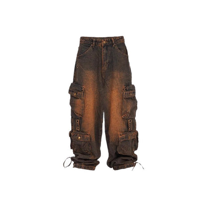 Street Style New Fashion Smoke Gray Patchwork Multi-Pocket Cargo Pants Street Washed Vintage Long Wide-Leg Pants