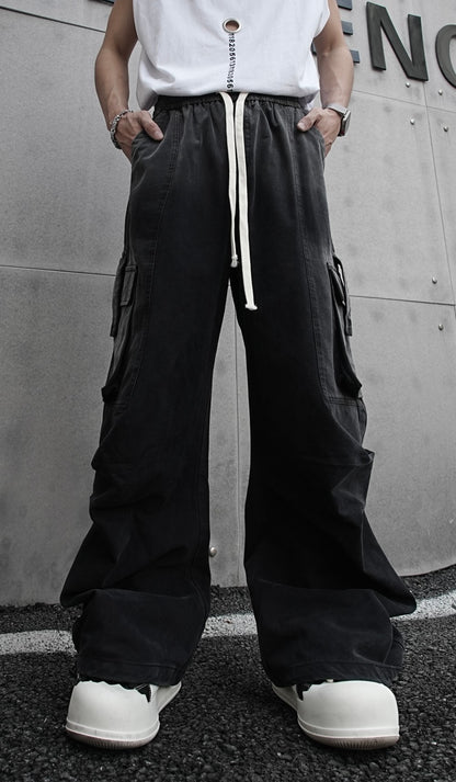 American Retro Wasteland Washed Vintage Multi-Pocket Cargo Pants Unisex Trendy Loose Straight Wide-Leg Casual Long Pants