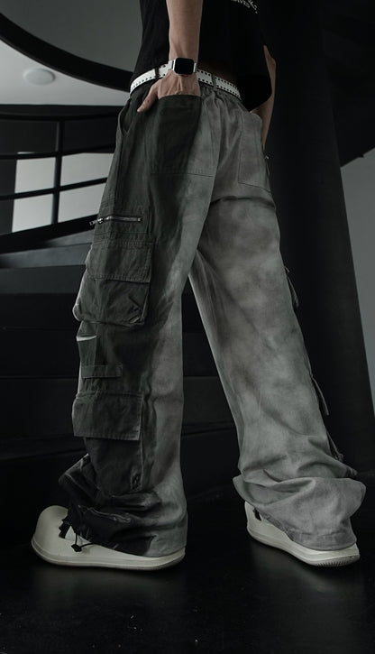 American Retro Wasteland Washed Vintage Multi-Pocket Cargo Pants Unisex Trendy Loose Straight Wide-Leg Casual Long Pants