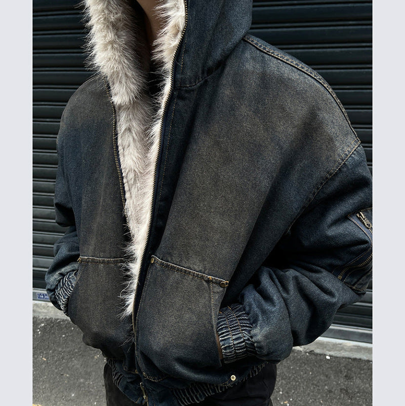 GUO WEAR2024New Winter Washed Denim Cotton Jacket with Fleece Lining American Street Style Wasteland Cotton Jacket