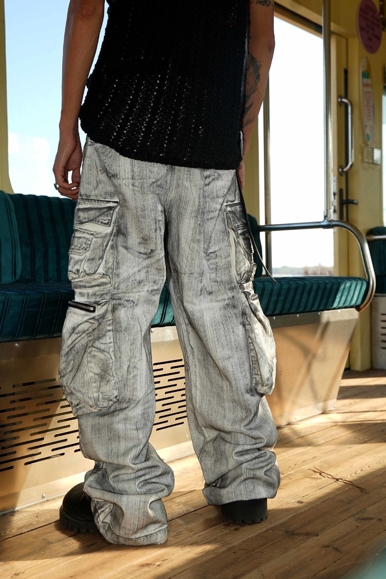 American Style Multi-Pocket Jeans for Men, Niche Retro Blue Wide-Leg Cargo Pants, Couple's European and American Trendy Pants, Cross-Border Trade