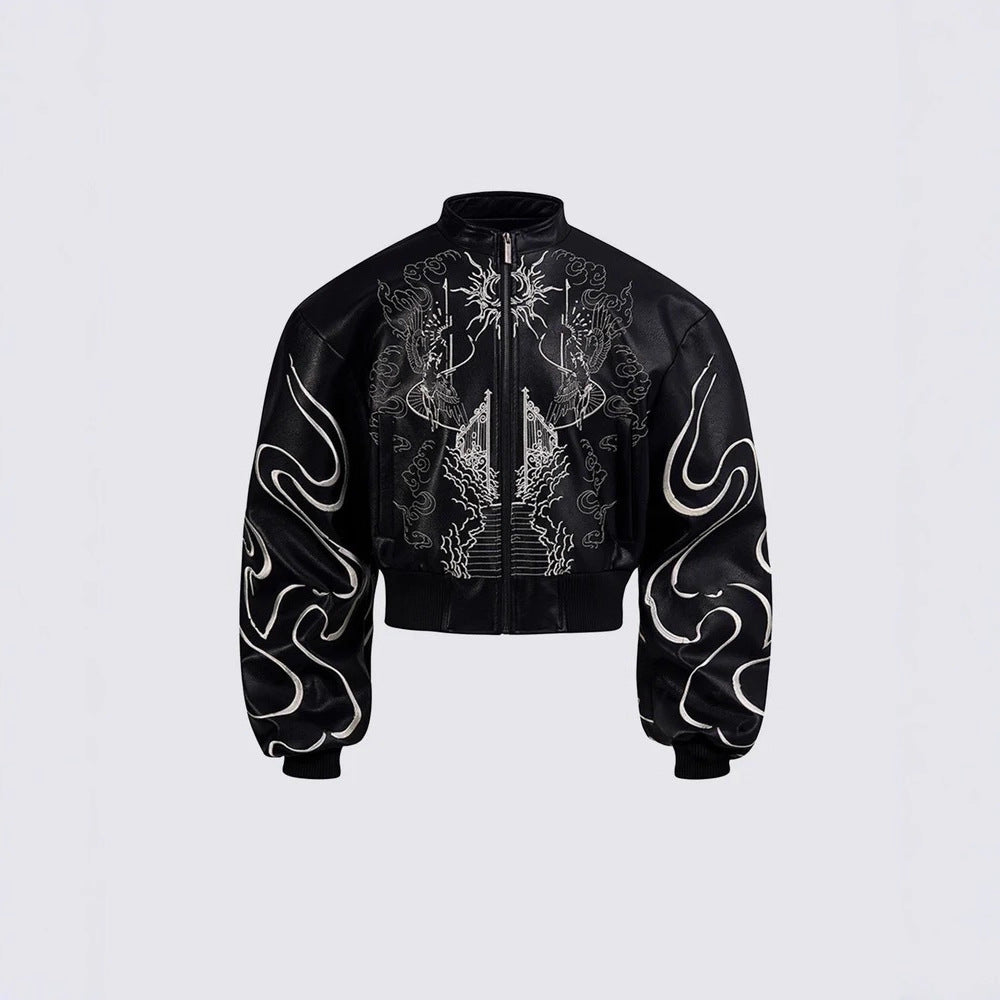 Gothic Style Embroidered Short Leather Jacket for Men and Women, Autumn Stand Collar Motorcycle Short Sleeve Jacket