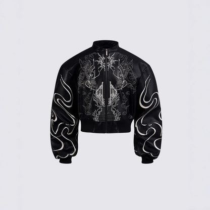 Gothic Style Embroidered Short Leather Jacket for Men and Women, Autumn Stand Collar Motorcycle Short Sleeve Jacket