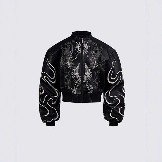 Gothic Style Embroidered Short Leather Jacket for Men and Women, Autumn Stand Collar Motorcycle Short Sleeve Jacket