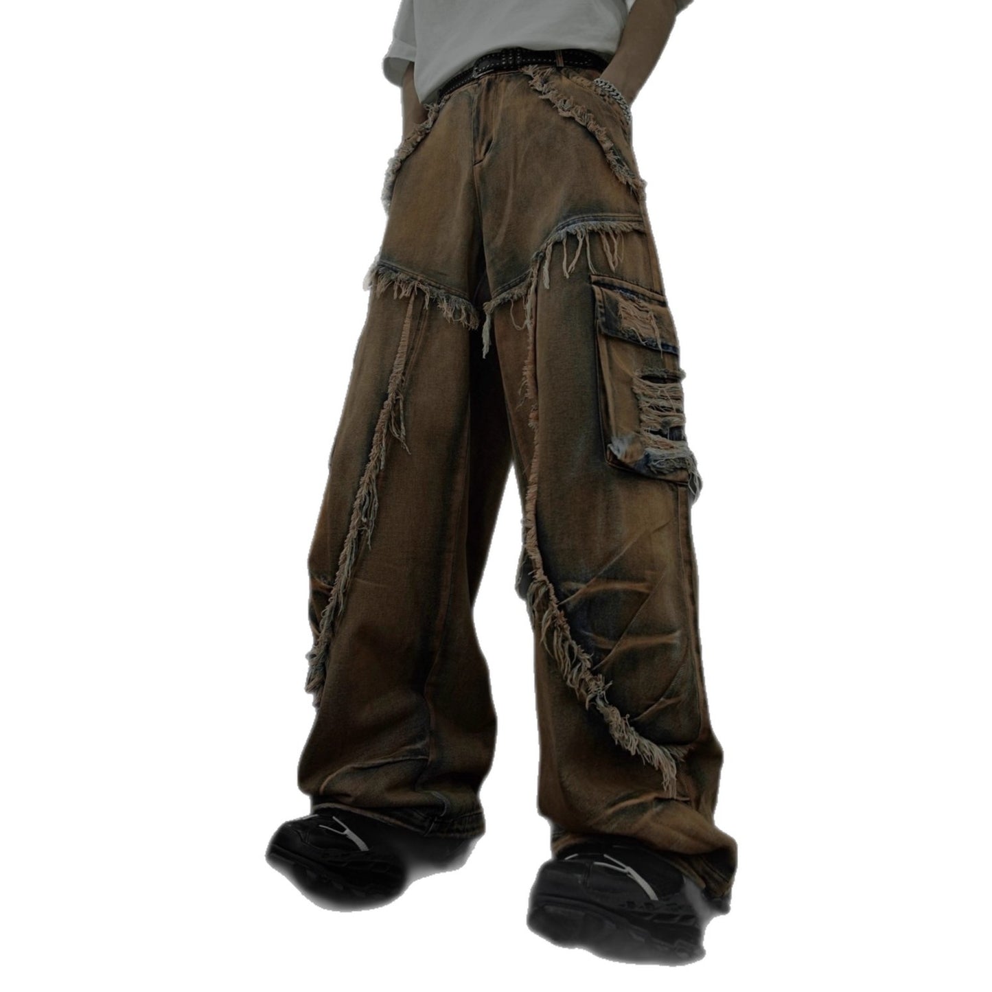 American Retro Original Patchwork Niche Design Jeans Distressed Frayed Edge Star Loose Straight Jeans