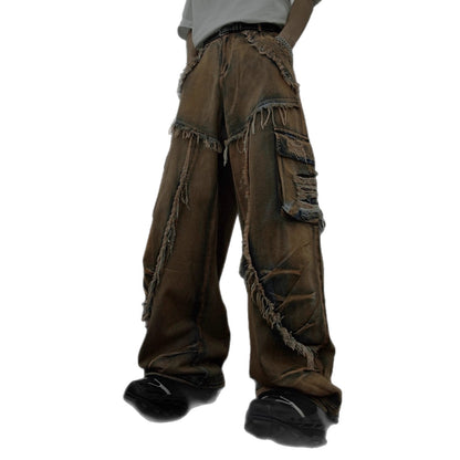 American Retro Original Patchwork Niche Design Jeans Distressed Frayed Edge Star Loose Straight Jeans