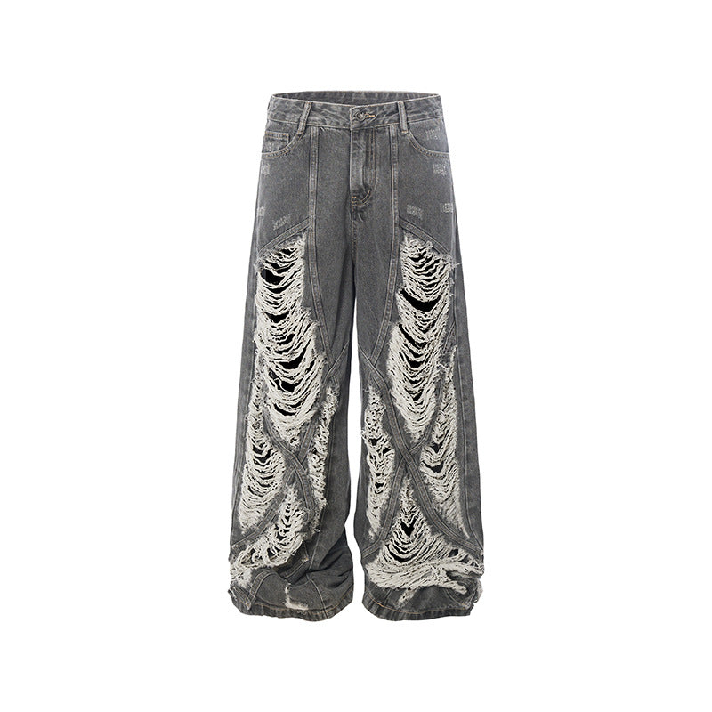 Distressed Jeans Loose Wide-Leg Straight Trendy Beggar Style Slimming High Street Design Niche Long Pants High Street Style
