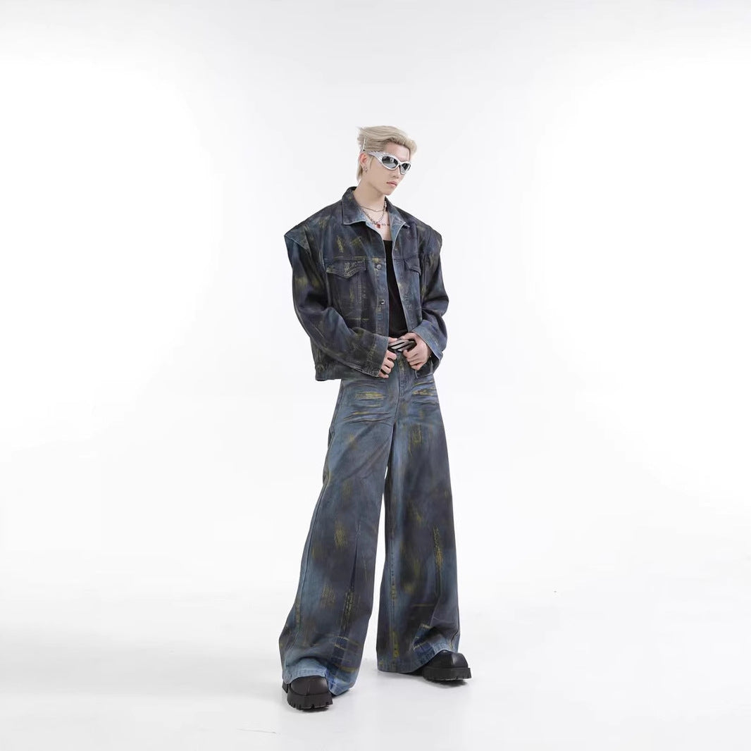 Spring and Autumn Med Vintage Scratched Denim Jacket for Men, Casual Loose Straight-Leg Pants
