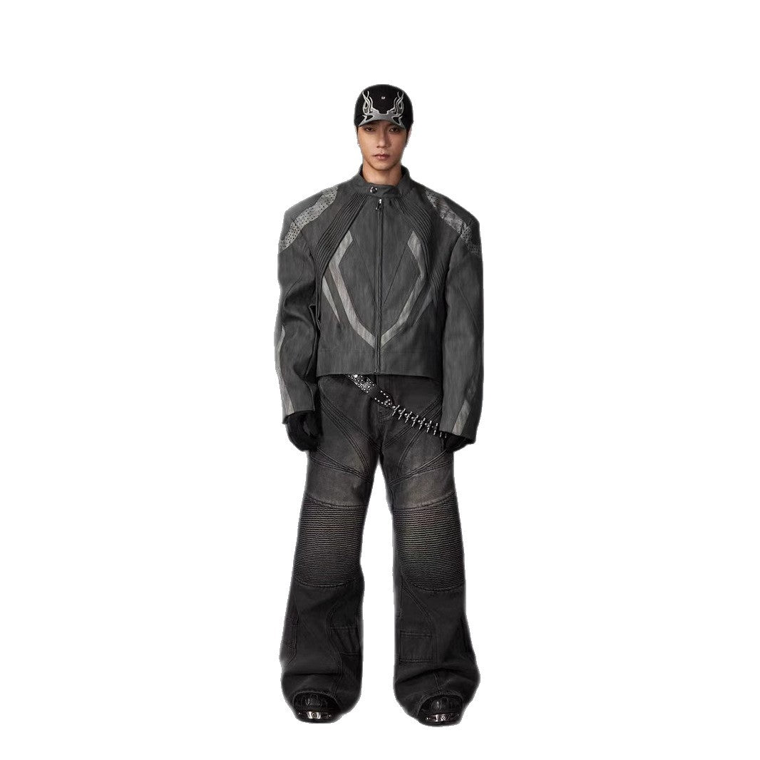 European and American High Street Heavy Craft Personality Deconstructed Split Spliced Design Motorcycle Leather Jacket Stand Collar Windproof Coat