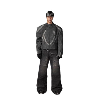 European and American High Street Heavy Craft Personality Deconstructed Split Spliced Design Motorcycle Leather Jacket Stand Collar Windproof Coat