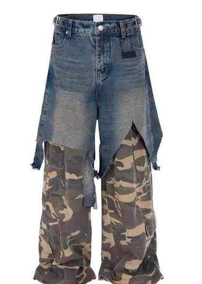 Parisian style vibe Heavyweight Patchwork Fake Two-Piece Vintage Camouflage Functional Loose Cargo Trendy Hip-Hop Jeans