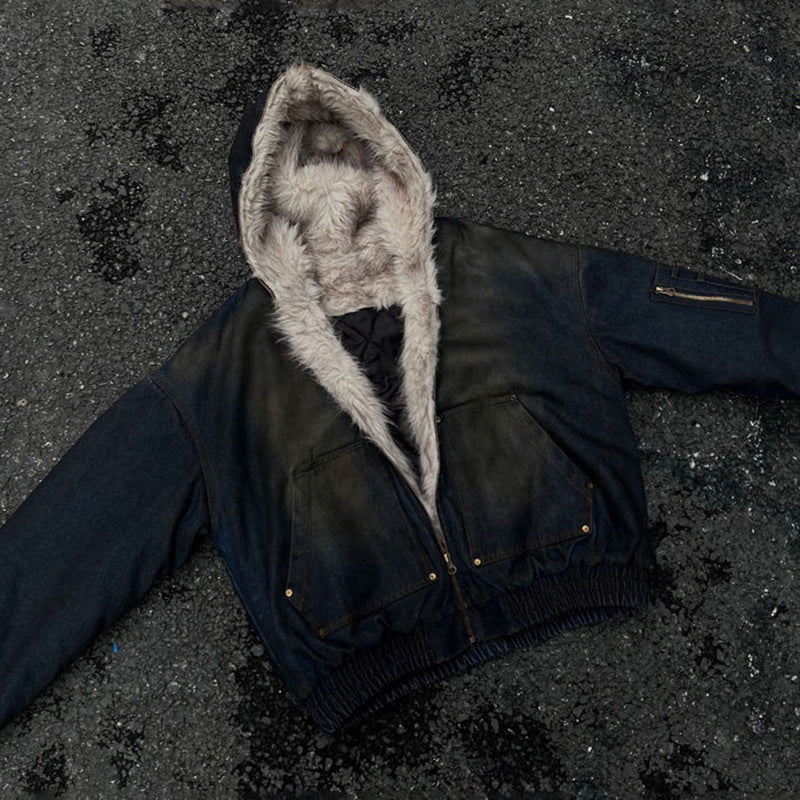 GUO WEAR2024New Winter Washed Denim Cotton Jacket with Fleece Lining American Street Style Wasteland Cotton Jacket