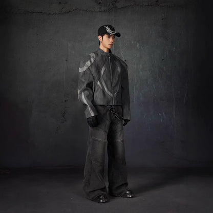 European and American High Street Heavy Craft Personality Deconstructed Split Spliced Design Motorcycle Leather Jacket Stand Collar Windproof Coat