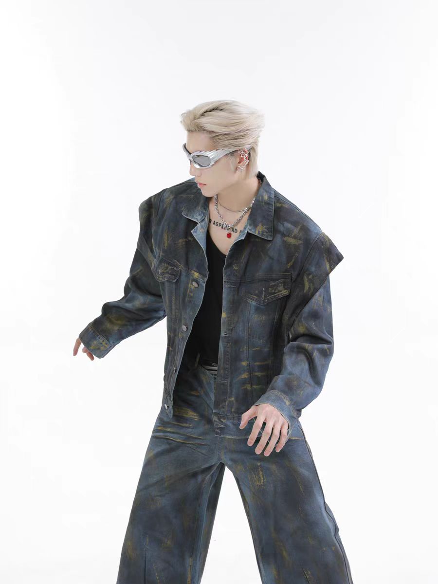 Spring and Autumn Med Vintage Scratched Denim Jacket for Men, Casual Loose Straight-Leg Pants