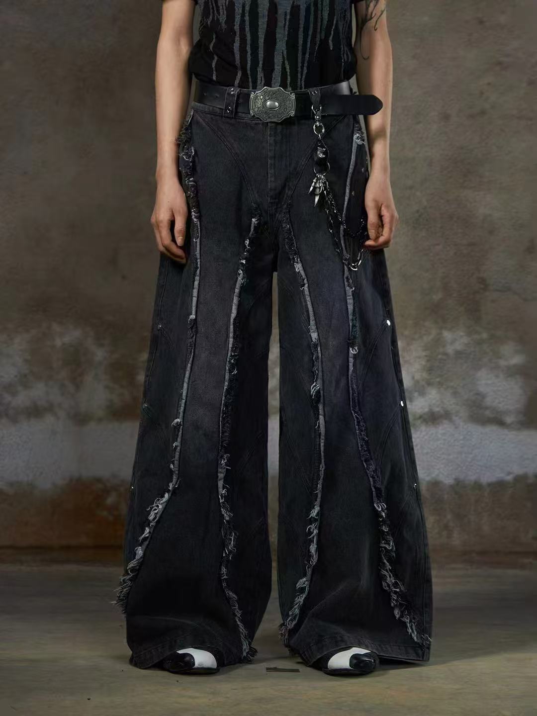 refuge  American Heavy Industry Niche Design Sense Silhouette Jeans High Street Washed Frayed Edge Tassel Rivet Loose Fit