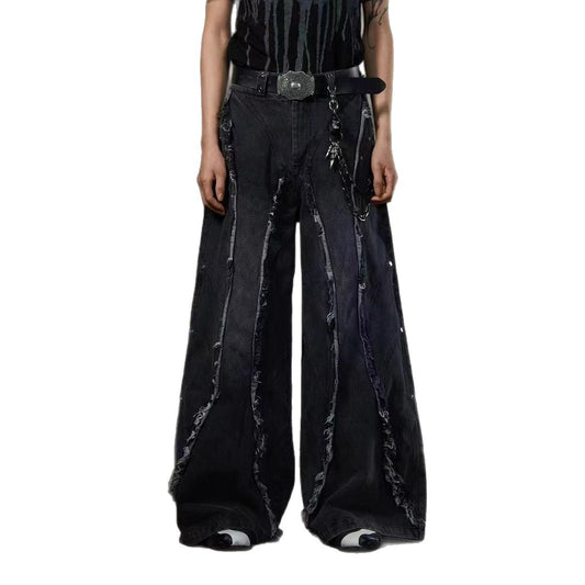 refuge  American Heavy Industry Niche Design Sense Silhouette Jeans High Street Washed Frayed Edge Tassel Rivet Loose Fit