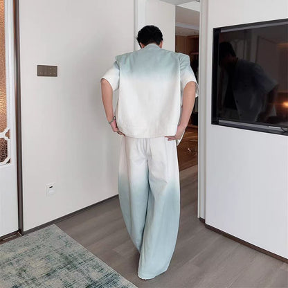 Gradient Short Sleeve Denim Suit for Men2025Summer Loose Casual Scimitar Wide-Leg Pants Jacket Set