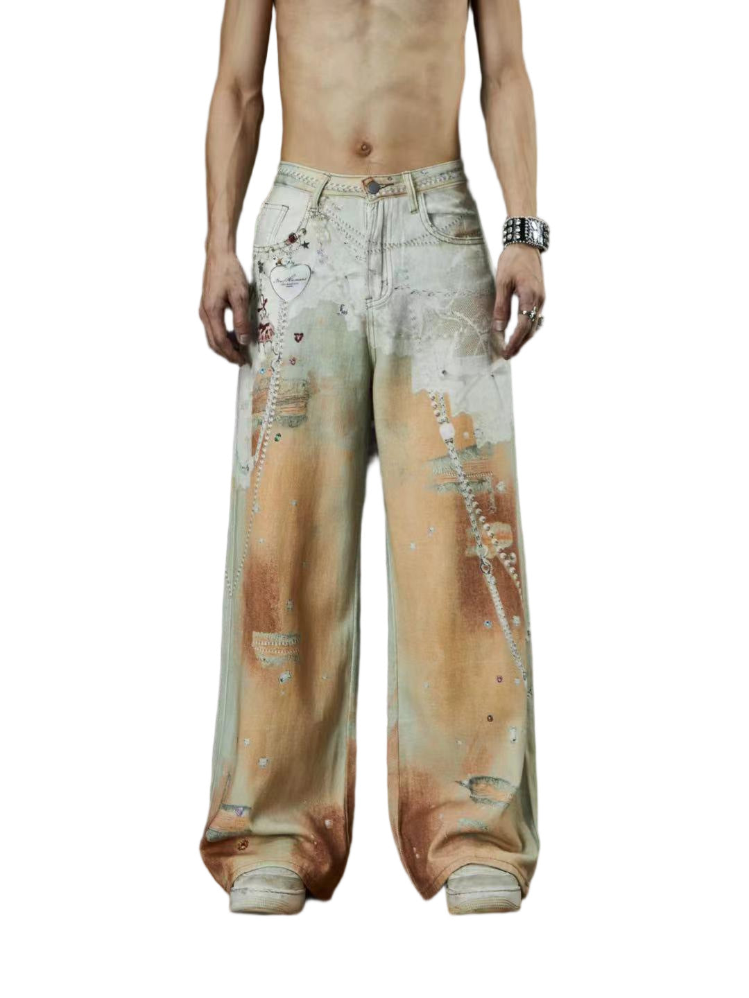 Cross-Border Heavy Industry Chain Print Jeans for Men and Women Summer American Style Straight-Leg Floor-Length Pants