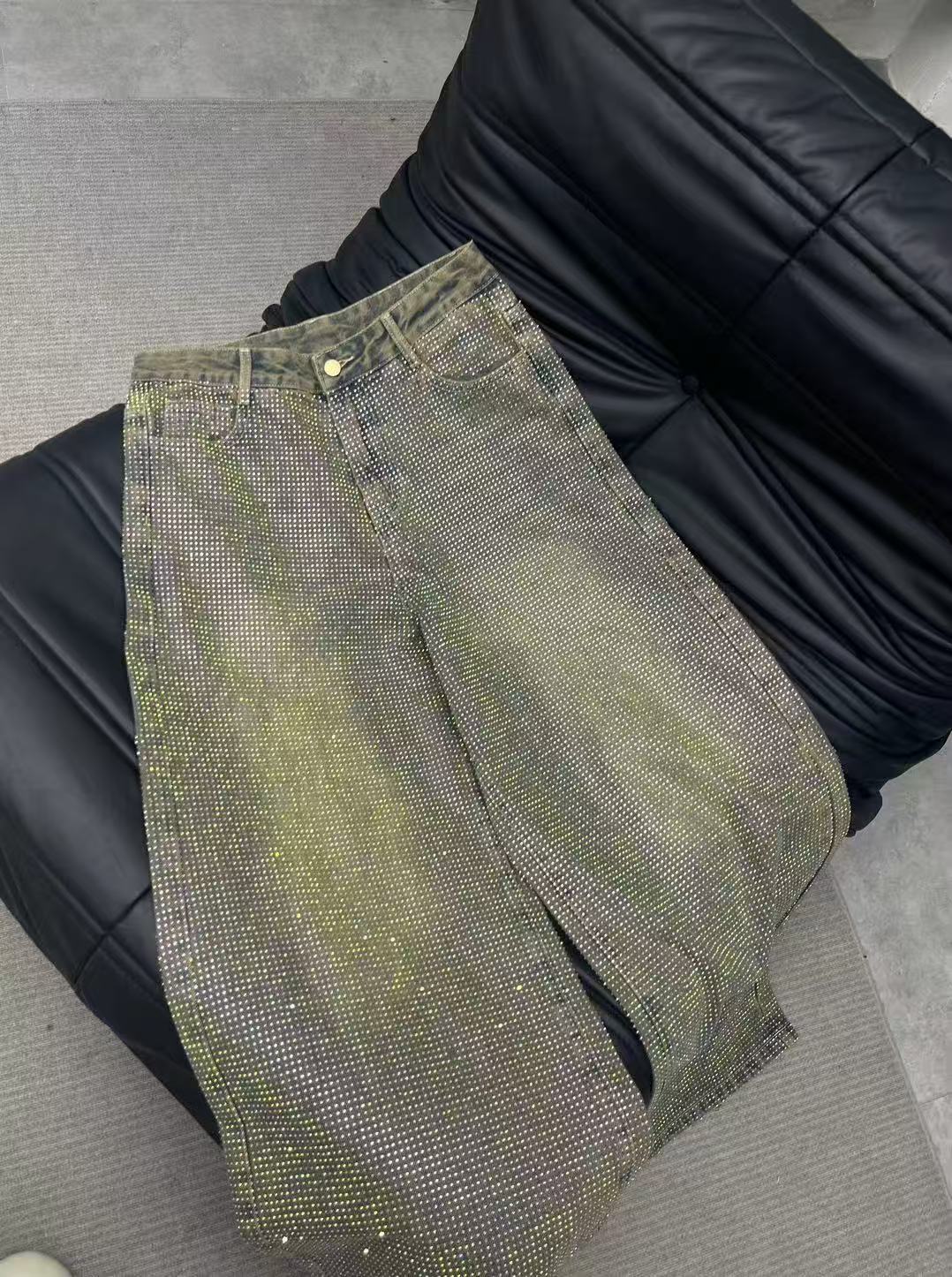 Summer New Crystal Shiny Diamond Straight-Leg Pants Extra Long Denim Floor-Length Pants Shiny Diamond Long Pants New High-Waisted Slimming Style