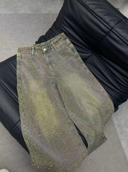 Summer New Crystal Shiny Diamond Straight-Leg Pants Extra Long Denim Floor-Length Pants Shiny Diamond Long Pants New High-Waisted Slimming Style