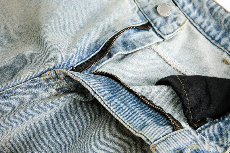 American Retro Dirty Dye Distressed Scimitar Jeans for Men, Mid-Waist Loose Fit Straight-Leg Floor-Length Wide-Leg Pants with Design Sense