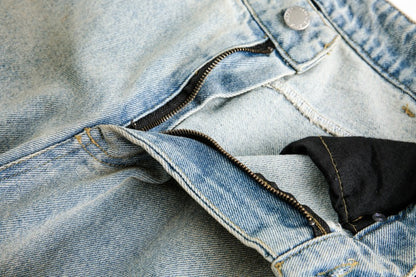 American Retro Dirty Dye Distressed Scimitar Jeans for Men, Mid-Waist Loose Fit Straight-Leg Floor-Length Wide-Leg Pants with Design Sense