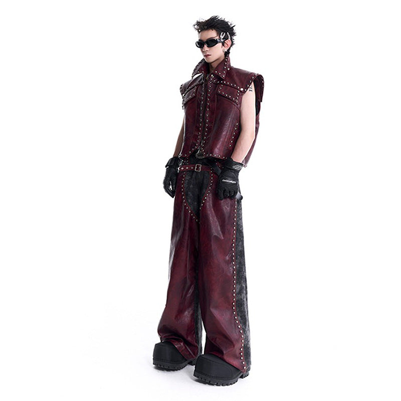2025European and American Heavy-duty Rivet Leather Pants for Men, Cool Punk Style Motorcycle Suit, Slim Fit Dark Style