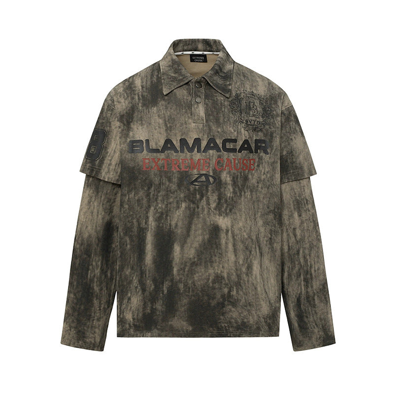 Distressed Dirty Color Long Sleeve POLO Men's Trendy Brand Design Patchwork Fake Two-Piece Loose Hip-Hop Top Patchwork Design