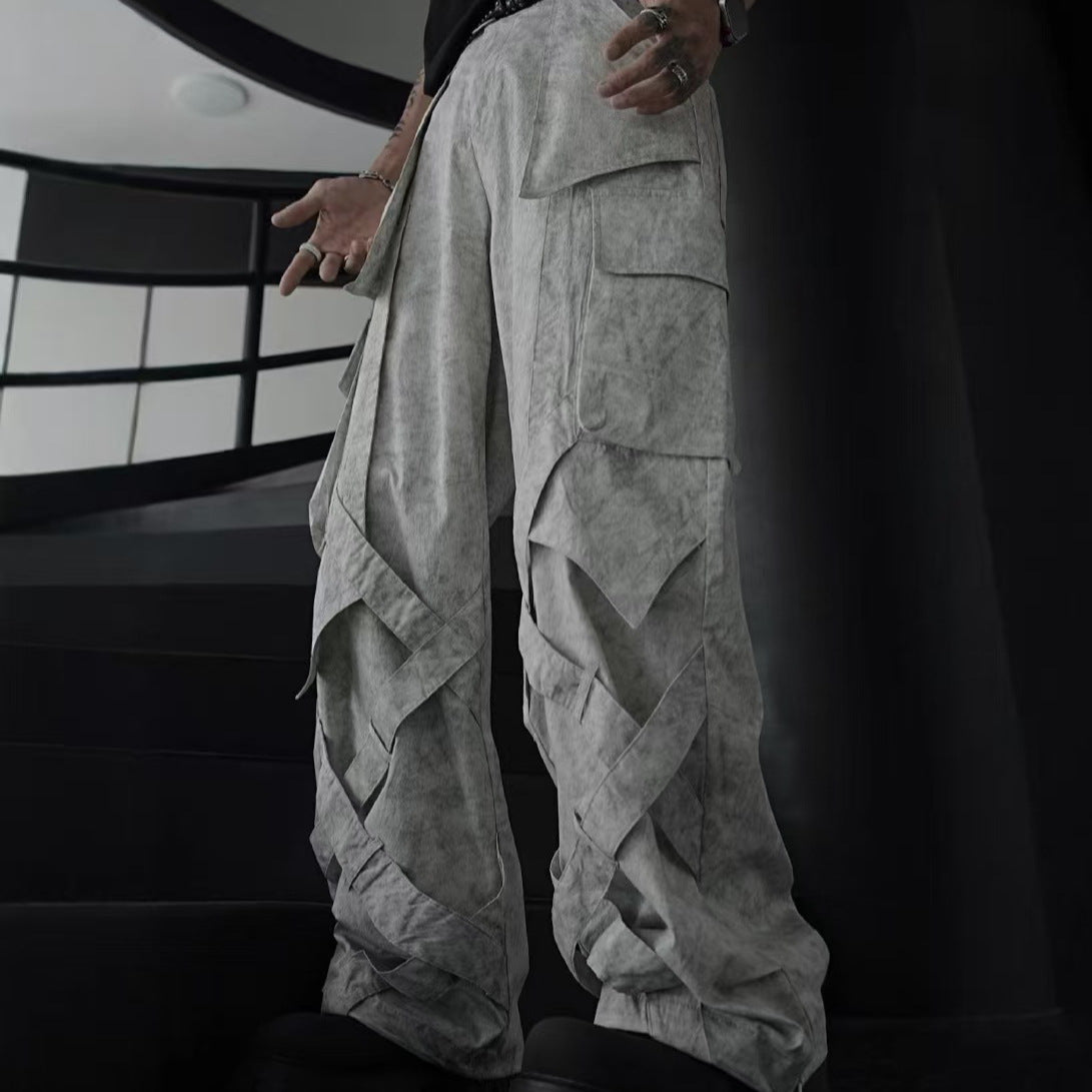 Cross-Border American Style Dirty Gray Street Dance Wide-Leg Cargo Pants Unisex Straight-Leg Casual Pants Ribbon Hip-Hop High Street Floor-Length Pants