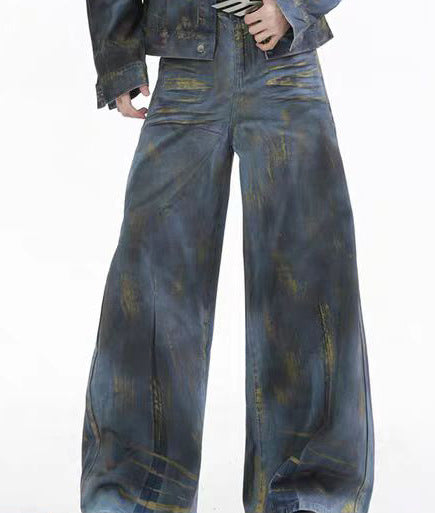 Spring and Autumn Med Vintage Scratched Denim Jacket for Men, Casual Loose Straight-Leg Pants