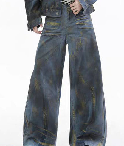 Spring and Autumn Med Vintage Scratched Denim Jacket for Men, Casual Loose Straight-Leg Pants