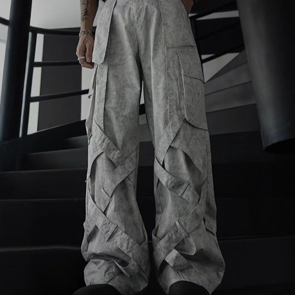 Cross-Border American Style Dirty Gray Street Dance Wide-Leg Cargo Pants Unisex Straight-Leg Casual Pants Ribbon Hip-Hop High Street Floor-Length Pants