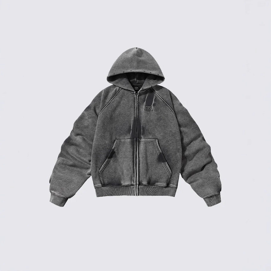 American High Street Vintage Washed Wrinkled Sleeve Hooded Fleece Men's Niche Embroidered Jacket Trendy