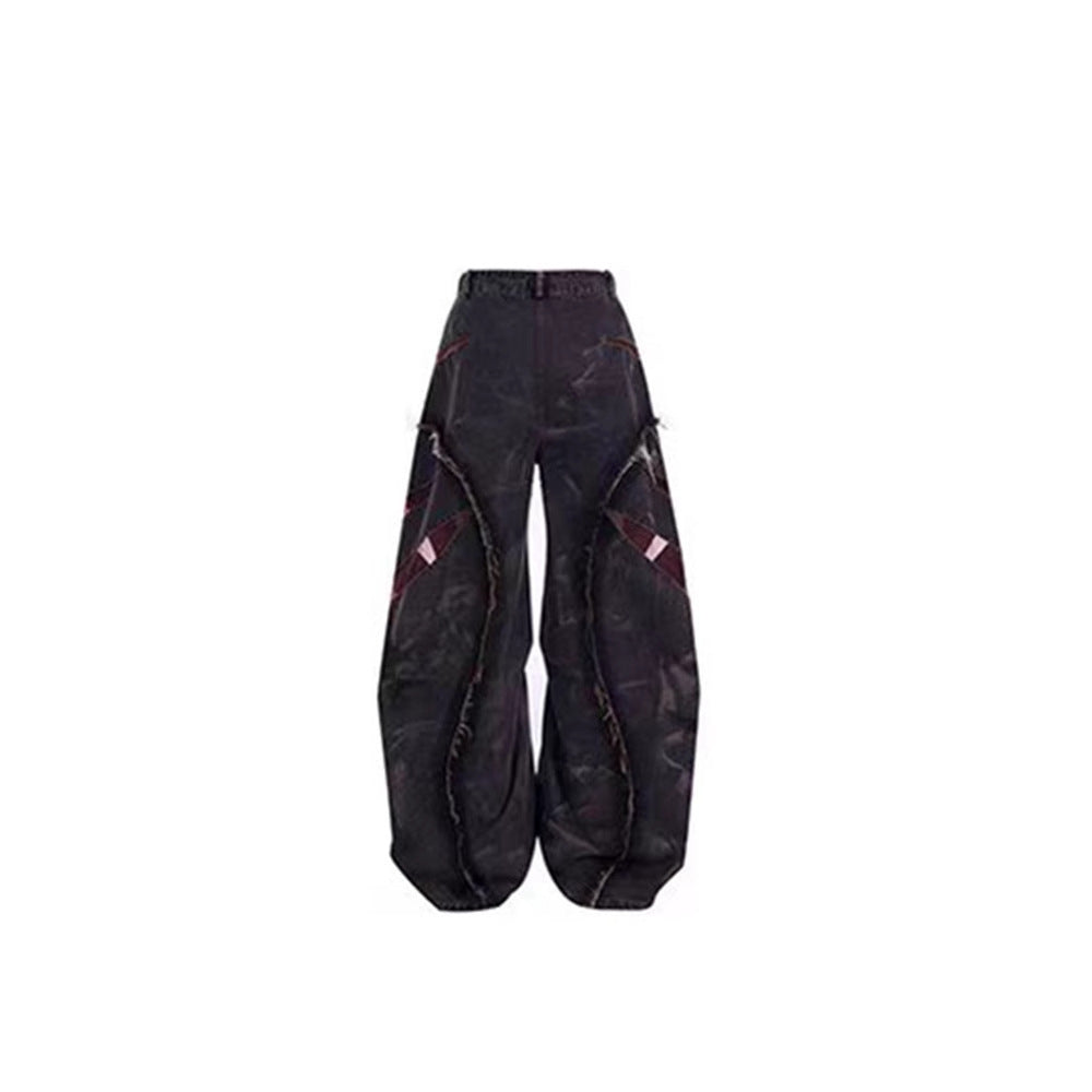 European and American High Street Heavy Craft Snowflake Scimitar Jeans for Men Spring Frayed Edge Patchwork Mesh Wide-Leg Pants