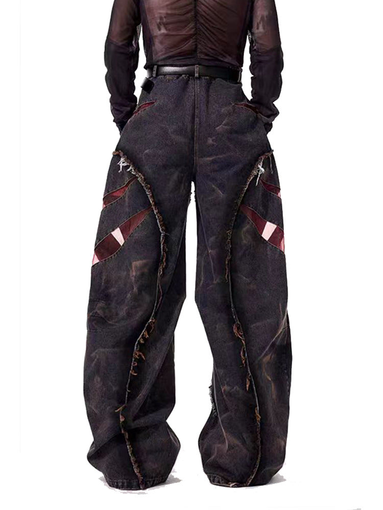European and American High Street Heavy Craft Snowflake Scimitar Jeans for Men Spring Frayed Edge Patchwork Mesh Wide-Leg Pants