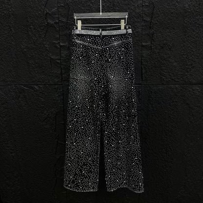 European and American Heavy Industry Starry Sky Rhinestone Vintage Washed Ribbon Jeans for Men, Niche Loose Wide-Leg Trendy Men's Pants