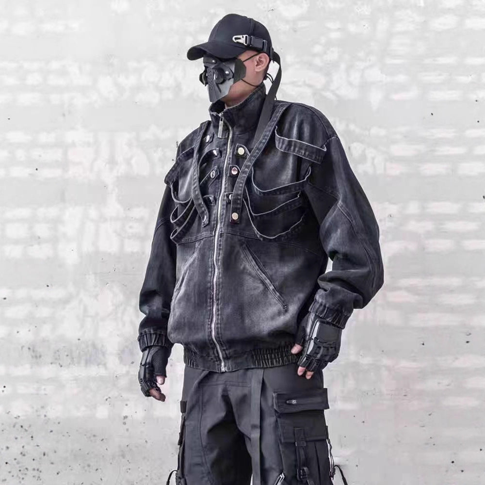 American Original Dark Style Retro Washed Padded Shoulder Distressed Denim Jacket for Men Spring and Autumn Workwear Stand Collar Jacket