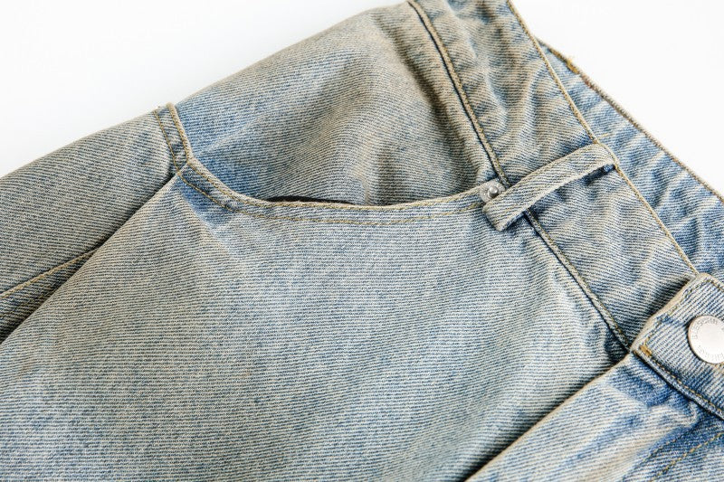 American Retro Dirty Dye Distressed Scimitar Jeans for Men, Mid-Waist Loose Fit Straight-Leg Floor-Length Wide-Leg Pants with Design Sense