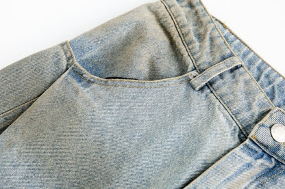 American Retro Dirty Dye Distressed Scimitar Jeans for Men, Mid-Waist Loose Fit Straight-Leg Floor-Length Wide-Leg Pants with Design Sense