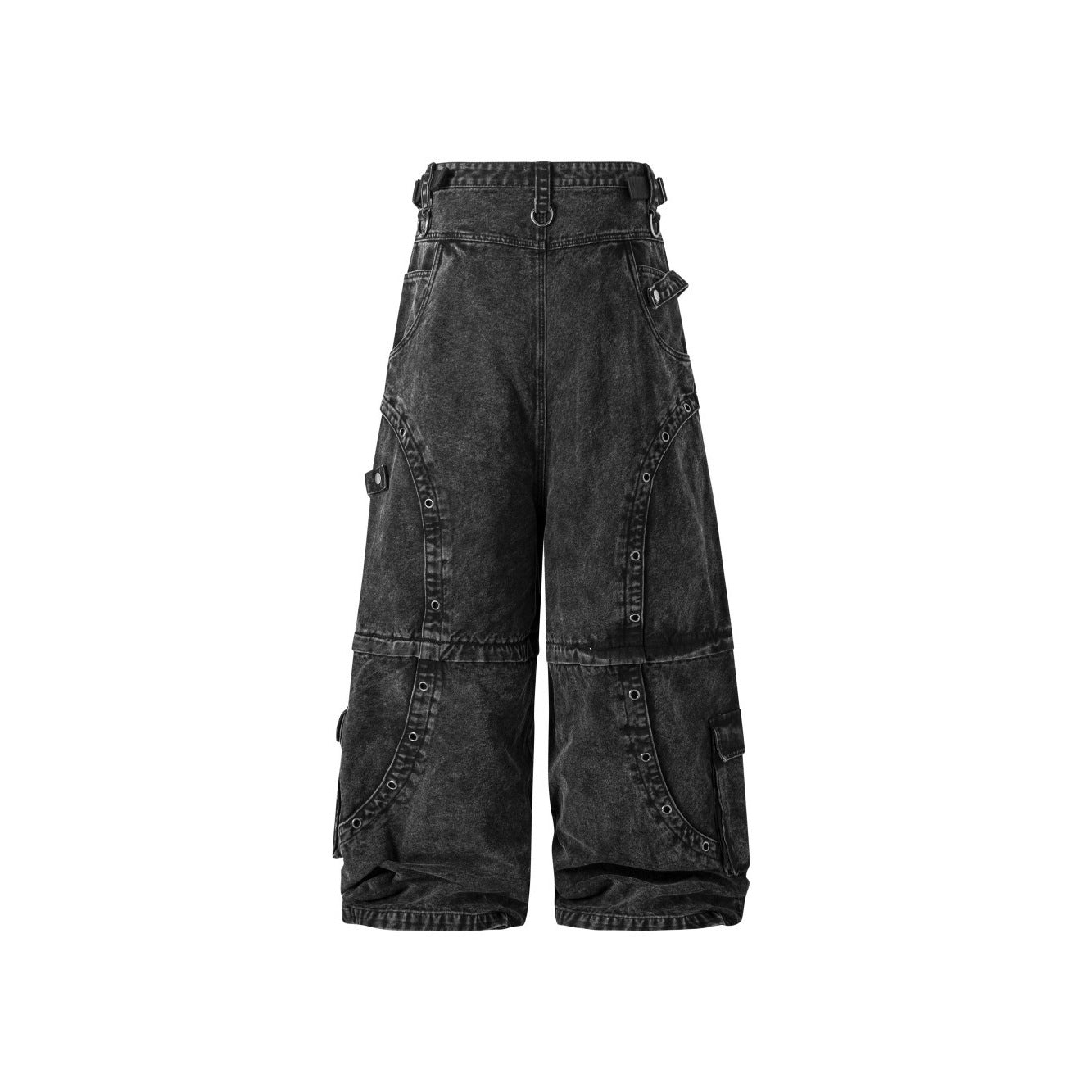 American Heavy Industry High Street Multi-Pocket Jeans for Men and Women, Detachable Vintage Metal Ring Decorated Wide-Leg Cargo Pants