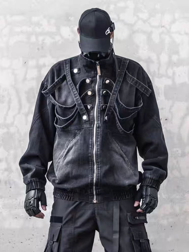 American Original Dark Style Retro Washed Padded Shoulder Distressed Denim Jacket for Men Spring and Autumn Workwear Stand Collar Jacket