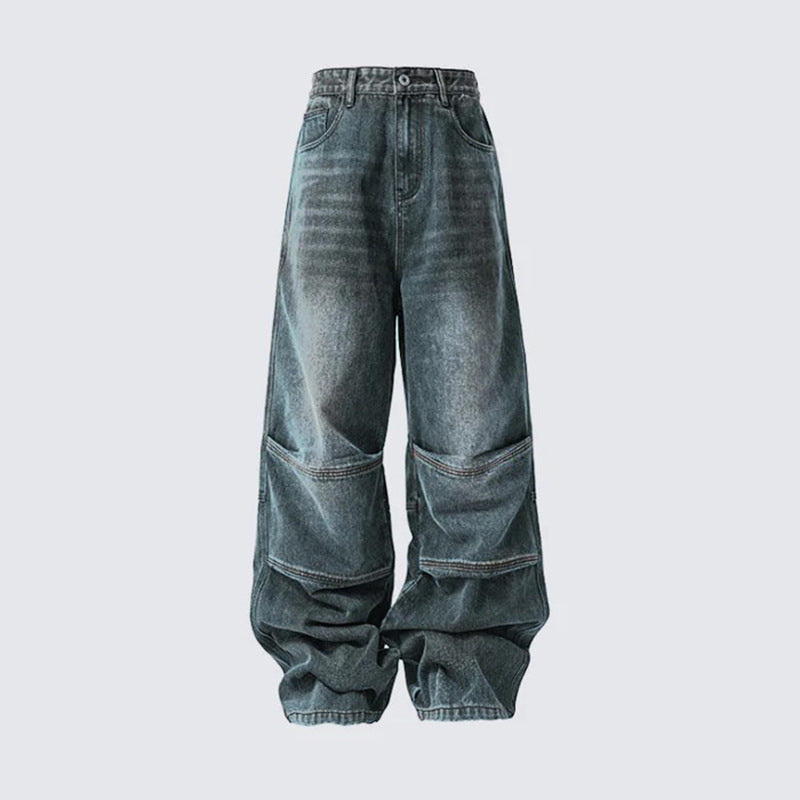 GUOWEAR American High Street Washed Vintage Patchwork Loose Casual Wide-Leg Jeans Unisex Fashion