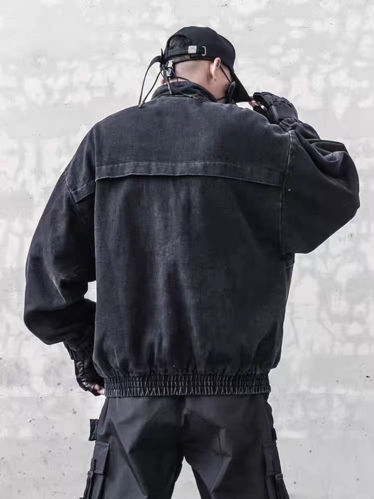American Original Dark Style Retro Washed Padded Shoulder Distressed Denim Jacket for Men Spring and Autumn Workwear Stand Collar Jacket